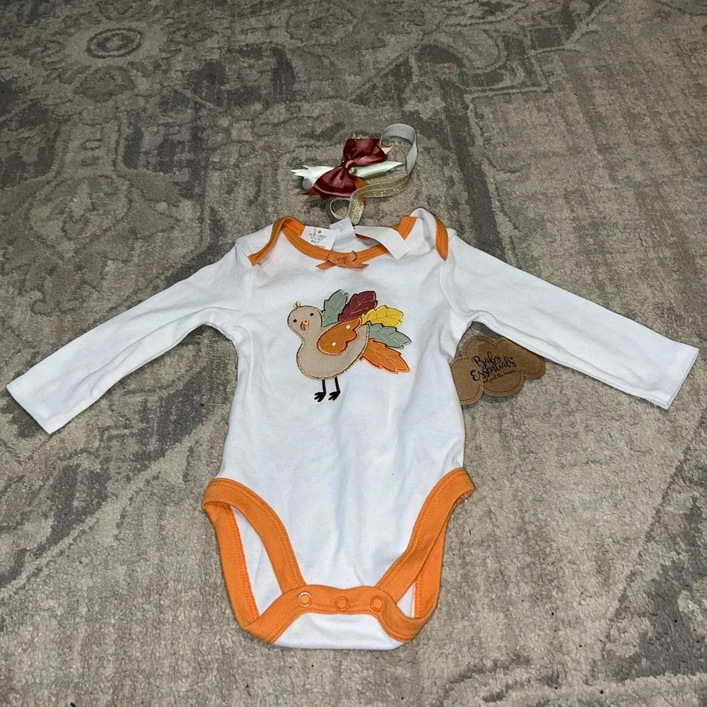 new Baby Infant Sz 6 month Thanksgiving Turkey Long Sleeve One‎ piece headband